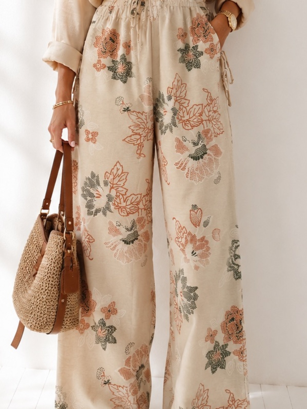Boho Chic Floral Wide-Leg Cream Pants Elastic Waist Embroided Pants